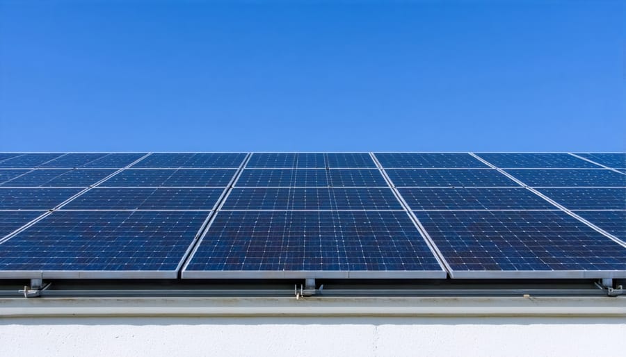 Close-up of modern bifacial solar panel with battery storage and wind turbines in background