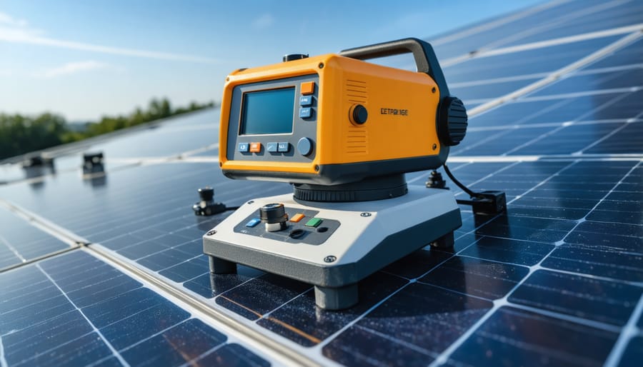 Hands holding solar measurement device against photovoltaic panel