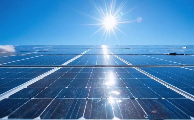 "Close-up of a modern solar thermal installation with shining solar panels and collectors, under a clear blue sky."