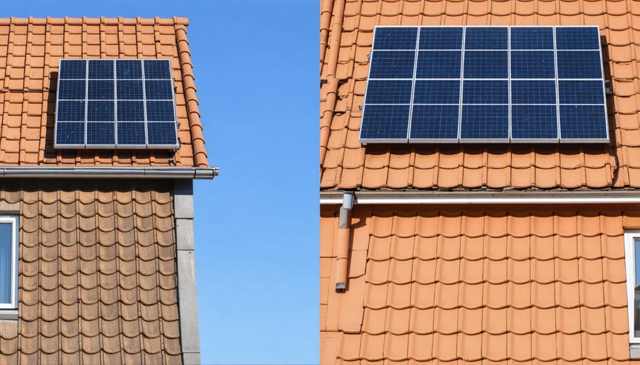 Side-by-side comparison of conventional roof tiles and integrated solar tiles on a house roof