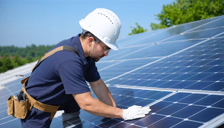 Professional solar technician demonstrating proper installation techniques to trainees