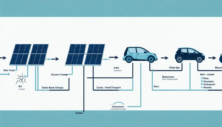 Diagram illustrating solar energy collection, storage, and distribution in transportation systems