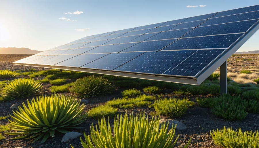 Native plants growing beneath elevated solar panels in forest setting