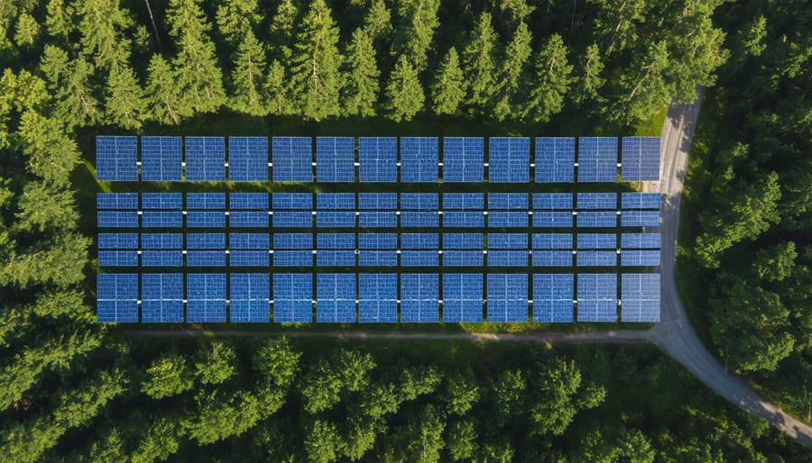 Drone photograph of solar panels near a forest showing signs of climate-induced stress