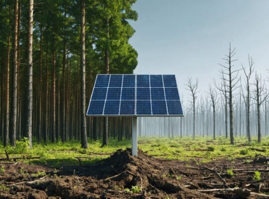 Conceptual illustration showing a vivid, healthy forest transitioning into a barren, dying forest with a solar panel in the foreground, highlighting the impact of zombie forests on solar energy development.
