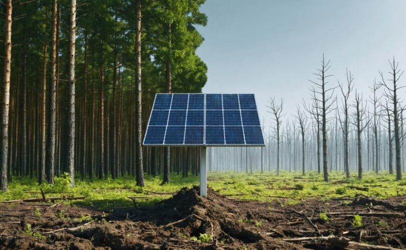 Conceptual illustration showing a vivid, healthy forest transitioning into a barren, dying forest with a solar panel in the foreground, highlighting the impact of zombie forests on solar energy development.