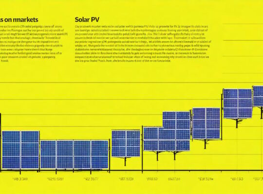 Infographic illustrating the impact of policy changes on solar PV markets with a line graph of citations and impact factors, solar panels, and market growth indicators.
