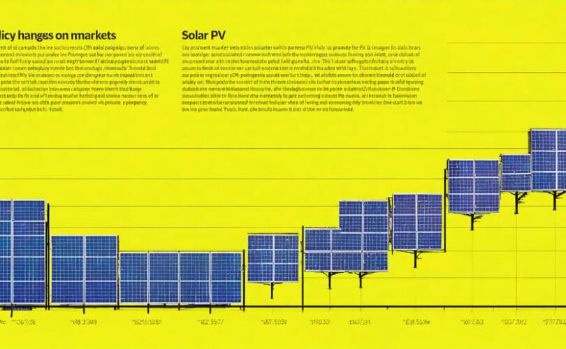Infographic illustrating the impact of policy changes on solar PV markets with a line graph of citations and impact factors, solar panels, and market growth indicators.
