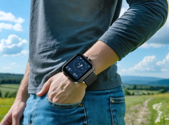 A person wearing a solar-powered weather station device on their wrist, resembling a sleek digital watch, with a display showing weather data. The scene is enhanced with visual elements of sunlight and clouds, symbolizing climate monitoring capabilities.
