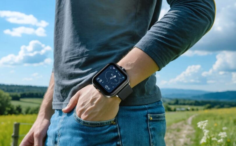 A person wearing a solar-powered weather station device on their wrist, resembling a sleek digital watch, with a display showing weather data. The scene is enhanced with visual elements of sunlight and clouds, symbolizing climate monitoring capabilities.