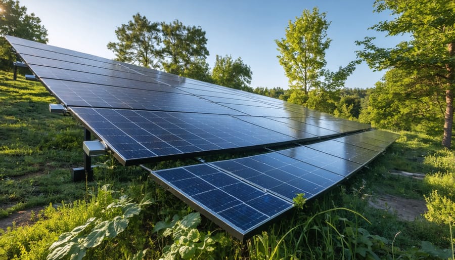 Solar panels installed among blooming wildflowers and natural grassland