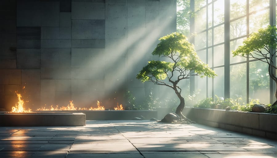 Sunlit interior showing concrete floors and brick walls used for thermal mass