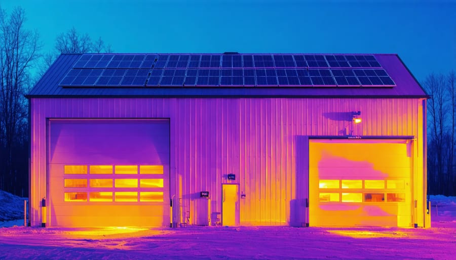 Thermal image showing temperature distribution on insulated metal building wall