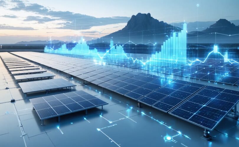 Conceptual illustration depicting the synergy between US energy storage facilities and solar panels, highlighting growth and economic potential through overlaid financial graphs.