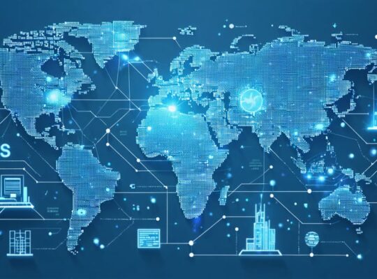 An illustrative map depicting global solar supply chain connections with the U.S. as a central hub, featuring elements representing solar panels, digital networks, and technology icons.