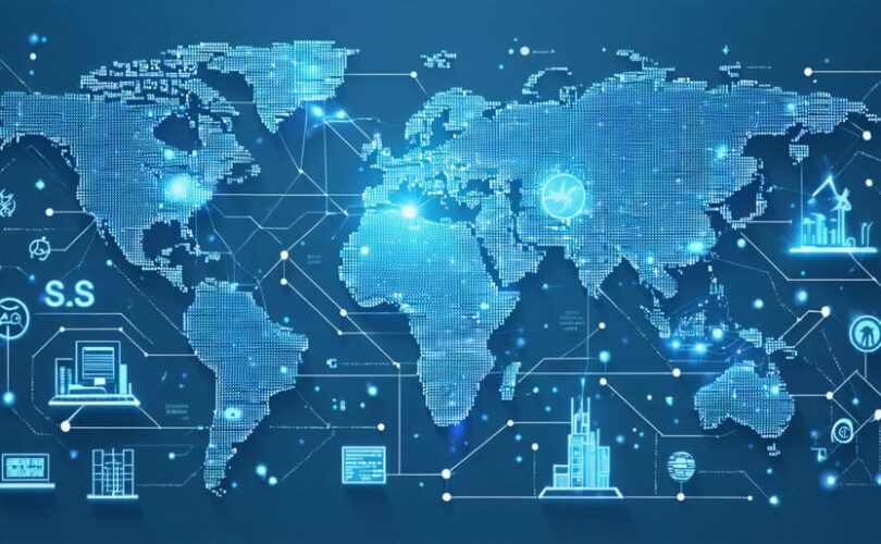 An illustrative map depicting global solar supply chain connections with the U.S. as a central hub, featuring elements representing solar panels, digital networks, and technology icons.