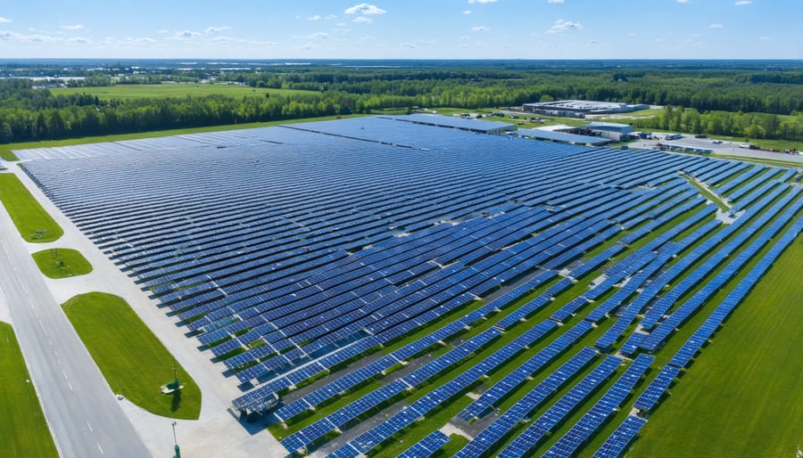 Modern solar panel manufacturing facility in the United States showing assembly lines and storage areas