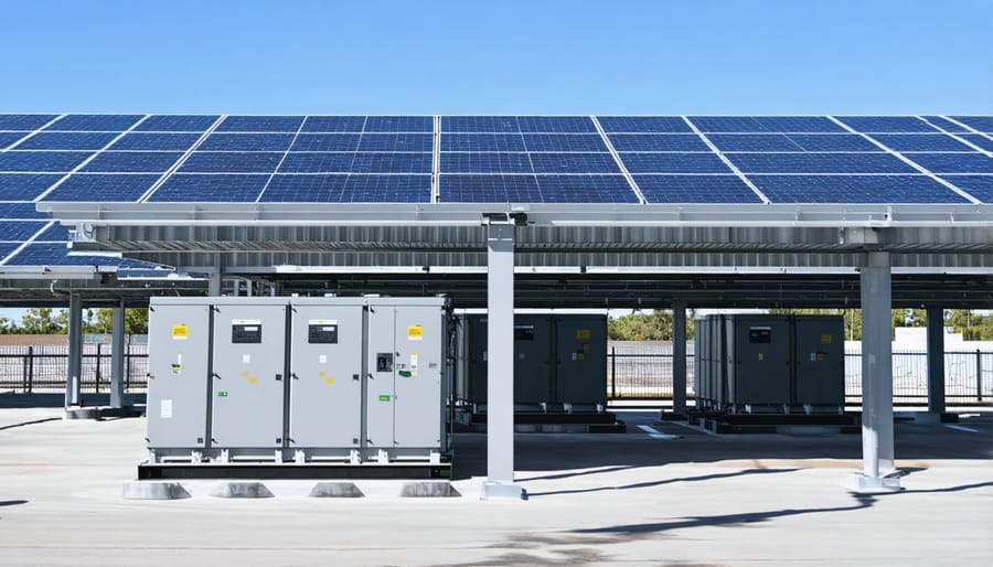 Aerial view of a utility-scale energy storage facility featuring rows of battery containers adjacent to solar panel arrays