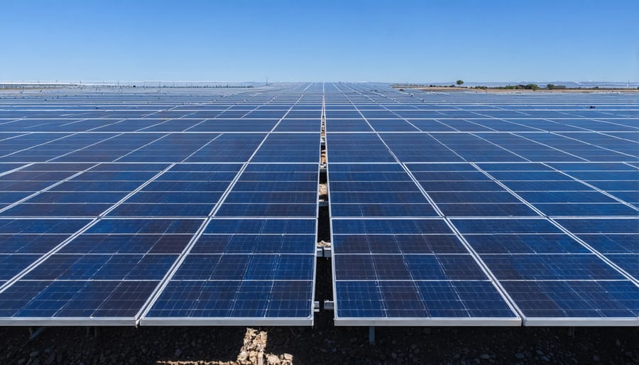Aerial view of large utility-scale solar farm installation in desert landscape