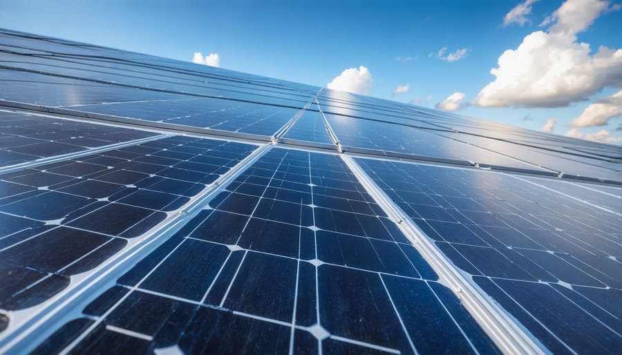Large solar farm installation with rows of panels extending to the horizon at sunset