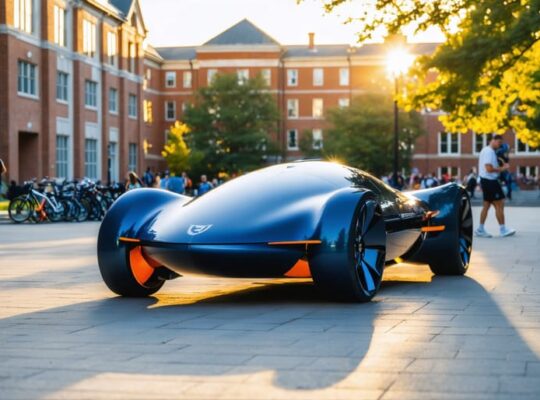 Solar-powered car with deep navy body and orange accents driving through a university quad at sunset, with modern buildings and blurred students in the background, illustrating campus-led innovation in solar transportation.