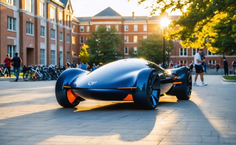 Solar-powered car with deep navy body and orange accents driving through a university quad at sunset, with modern buildings and blurred students in the background, illustrating campus-led innovation in solar transportation.