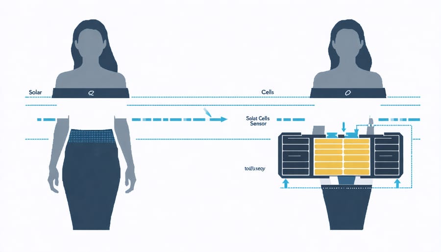 Cross-sectional diagram of solar-powered weather station components including solar cells, sensors, and circuitry