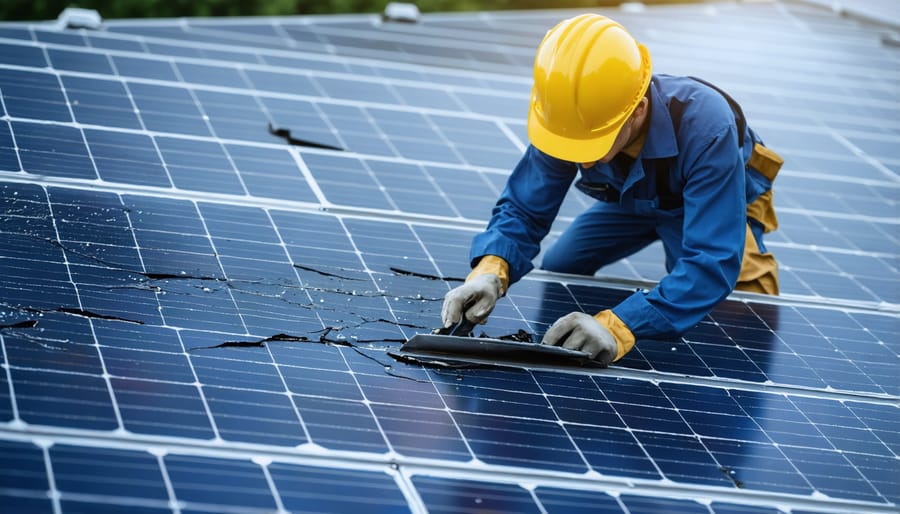 Solar panel technician inspecting and repairing weather-damaged photovoltaic modules