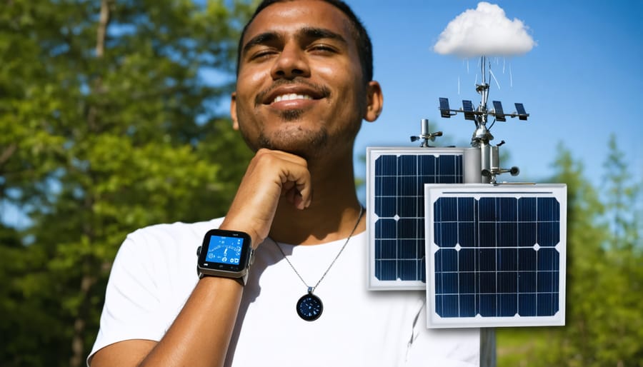 Various wearable designs of solar-powered weather stations being worn by a person