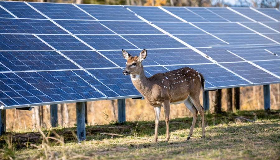 Deer grazing peacefully between rows of ground-mounted solar panels