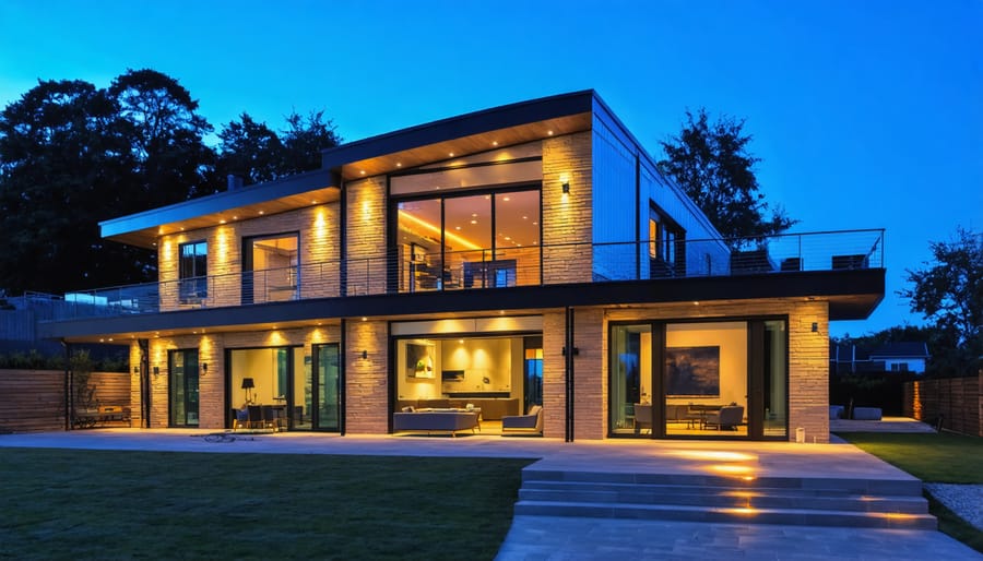 Twilight view of illuminated zero energy home with large windows and landscaping
