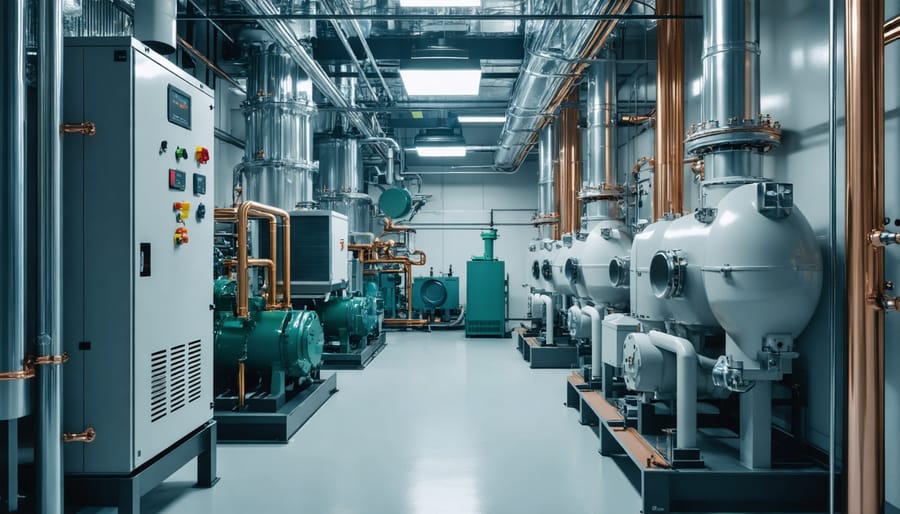 Home mechanical room with modern heat pump and battery storage systems