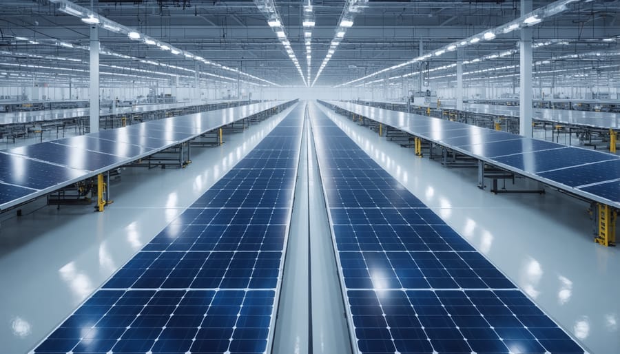 Interior view of a solar panel manufacturing facility with automated assembly lines and recycling systems