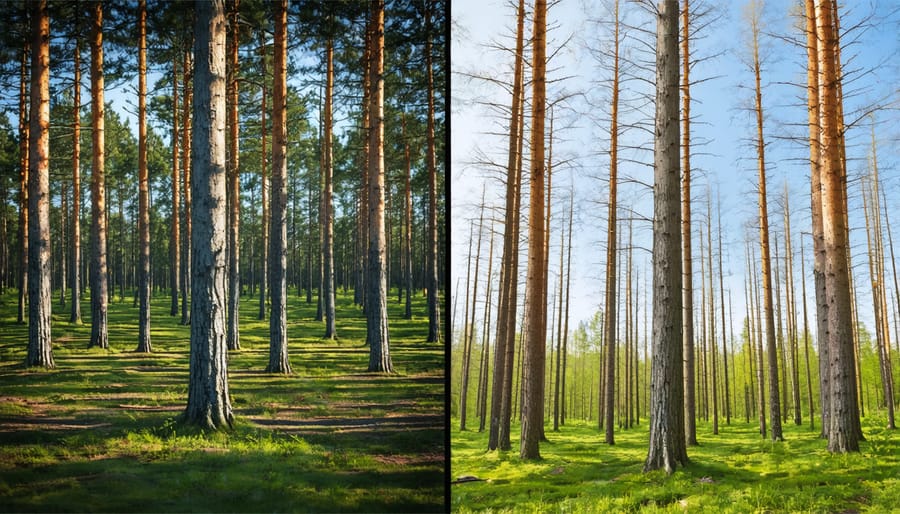 Side-by-side comparison of a healthy forest and a zombie forest showing visible signs of climate stress