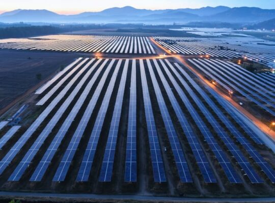 Oblique aerial view of multiple solar farms at golden hour with glowing light trails linking the arrays, suggesting optimized sequencing and routing; service roads, a substation, and low hills appear in the background.