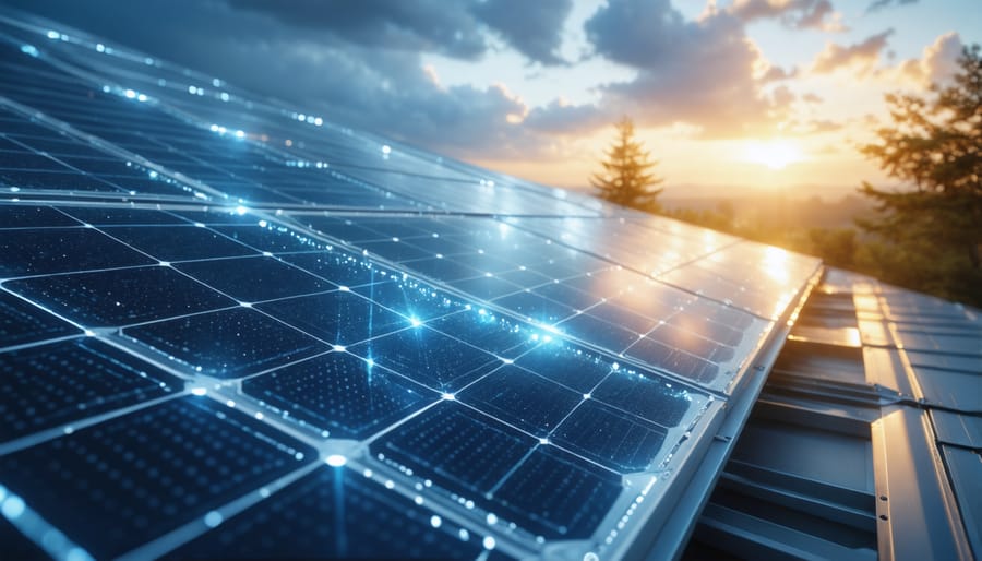 Solar technician using digital technology with solar panel installation in background