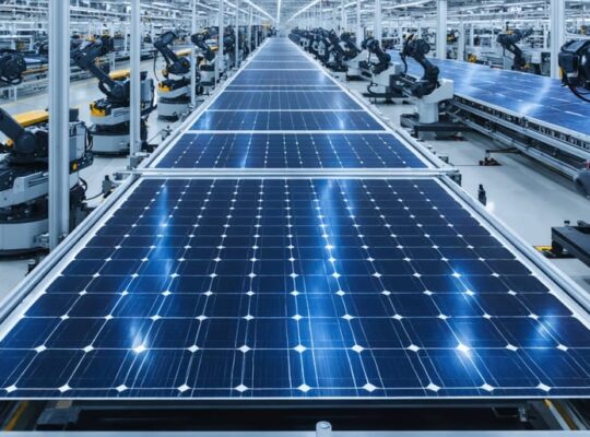 Robotic arms place blue-black solar cells onto a conveyor in a brightly lit factory, with additional assembly lines, autonomous mobile robots, and machine-vision cameras visible in the background.