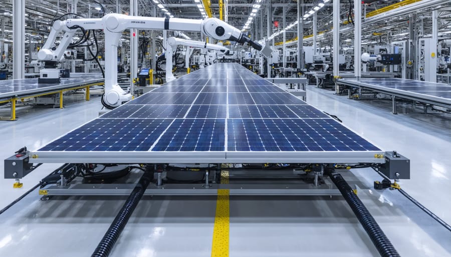 Automated robotic arms assembling solar panels in manufacturing facility