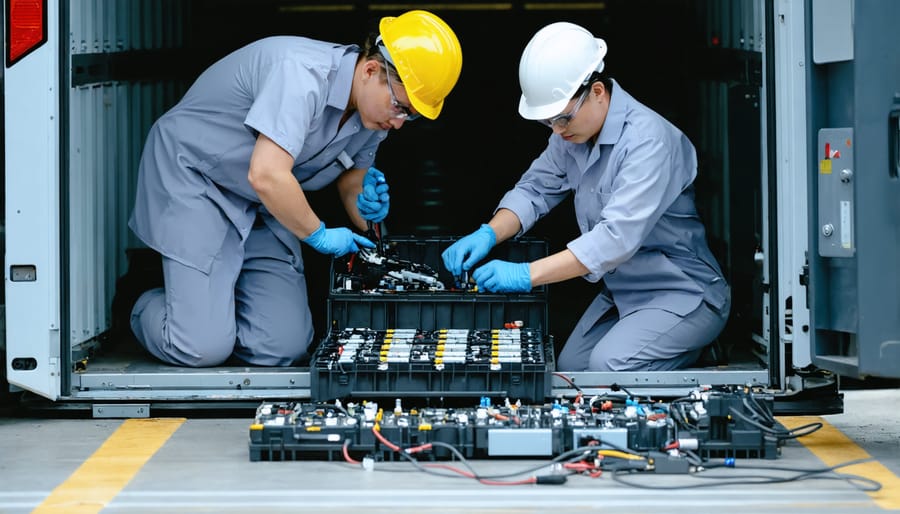 Technician in protective equipment handling battery modules during recycling process