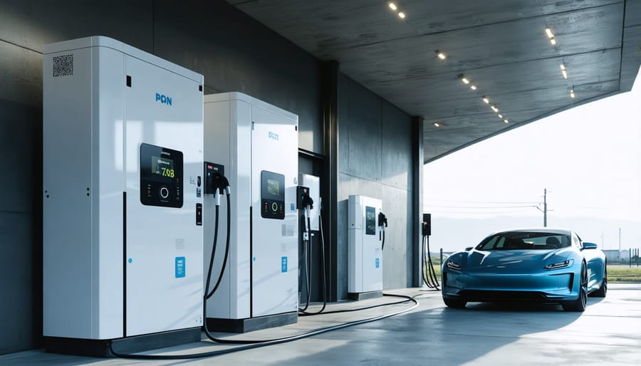 Home battery storage system installed in garage near electric vehicle charger