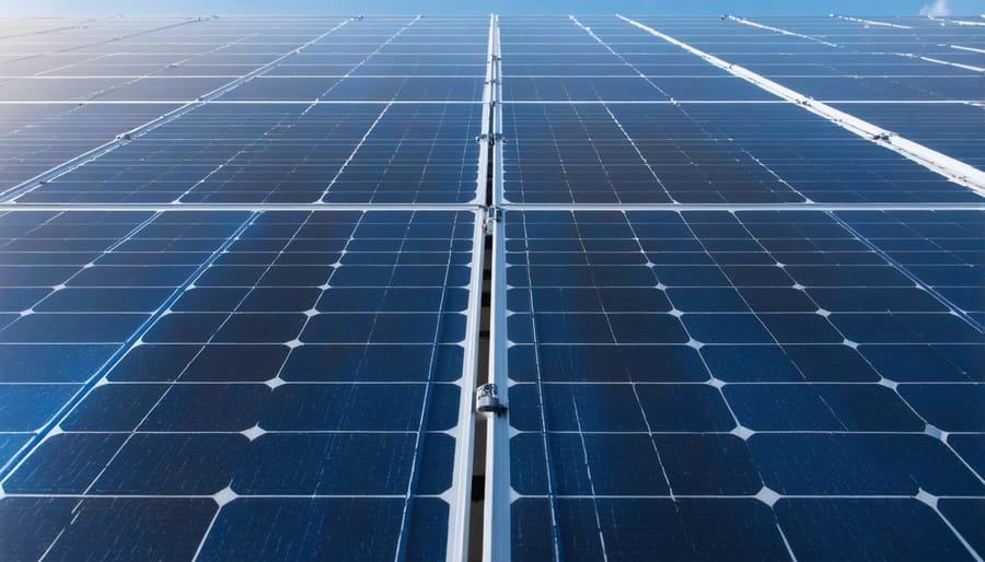 Industrial battery storage containers installed next to solar panel array
