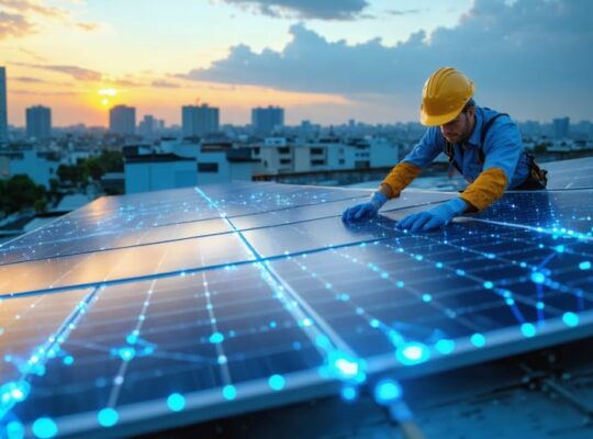 Rooftop solar panels on a city home at golden hour with a technician checking the array and faint glowing network lines connecting neighboring rooftops, representing blockchain-enabled access to solar financing.