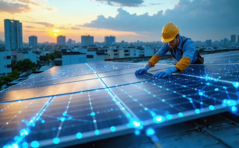 Rooftop solar panels on a city home at golden hour with a technician checking the array and faint glowing network lines connecting neighboring rooftops, representing blockchain-enabled access to solar financing.
