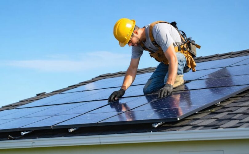 Technician fastening corrosion-resistant aluminum-framed solar panels with stainless hardware on a coastal home roof at golden hour, with ocean and palm trees in the background.
