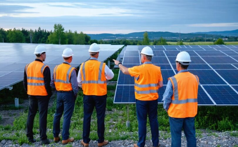 Diverse municipal leaders in safety vests stand by a large solar farm at golden hour, pointing toward rows of panels, with unbranded utility vehicles and distant town silhouettes in the background.