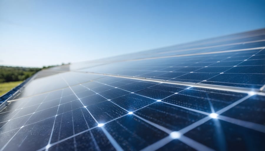 Diverse community members gathered at shared solar panel installation on urban rooftop