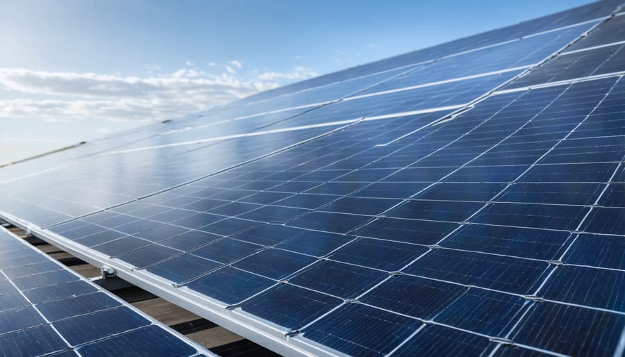 Aerial view of completed solar panel installation on residential home rooftop