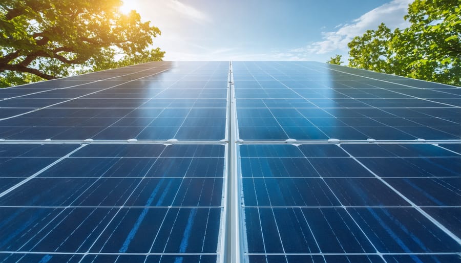 Aerial view of suburban neighborhood with multiple homes featuring rooftop solar panel installations at dusk
