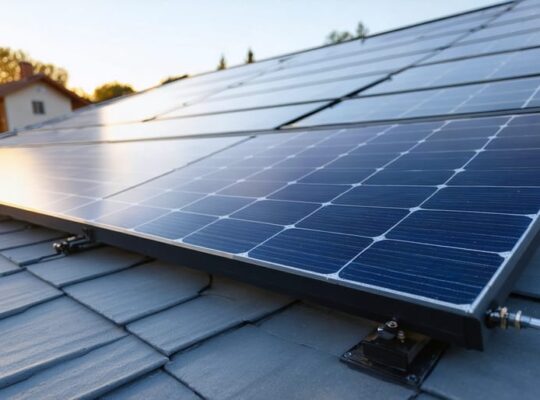 Rooftop solar panels with small module-level power optimizers visible beneath select panels and a nearby wall-mounted smart inverter, photographed at golden hour, with a suburban yard and an out-of-focus EV charger in the background.
