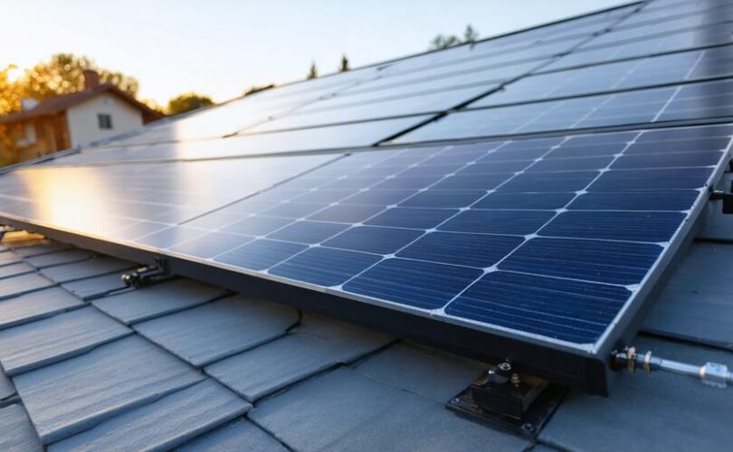 Rooftop solar panels with small module-level power optimizers visible beneath select panels and a nearby wall-mounted smart inverter, photographed at golden hour, with a suburban yard and an out-of-focus EV charger in the background.